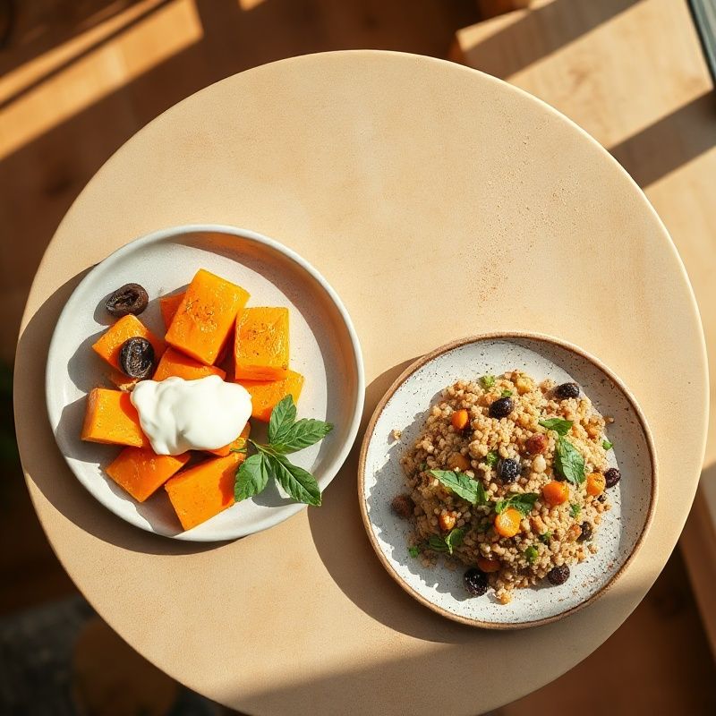Overhead shot of two seasonal lunch plates on sandstone-coloured ceramic