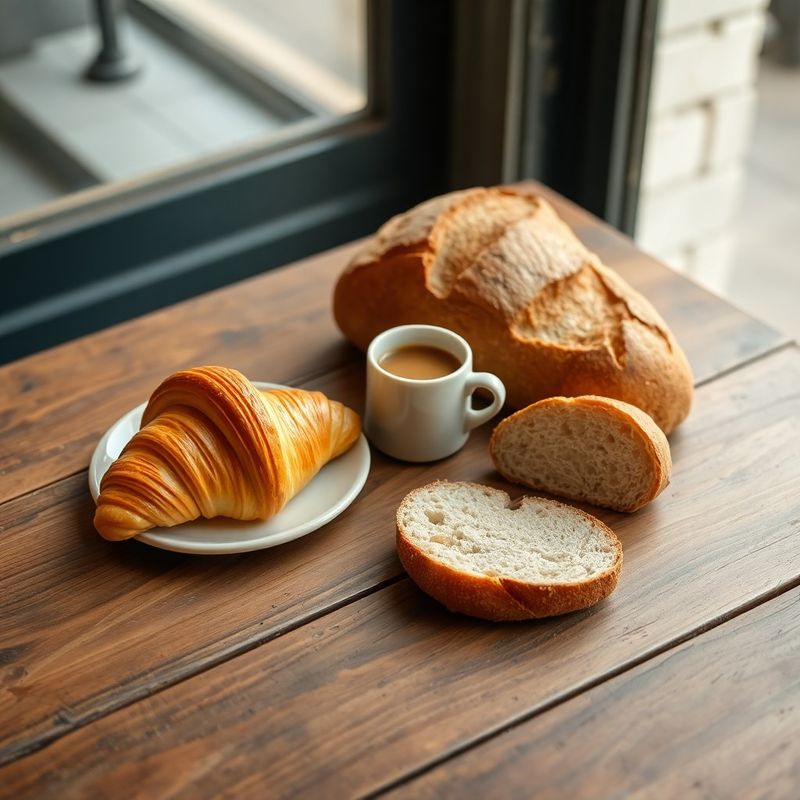 Flat-lay of a croissant, espresso cup and half-sliced sourdough on a wooden table