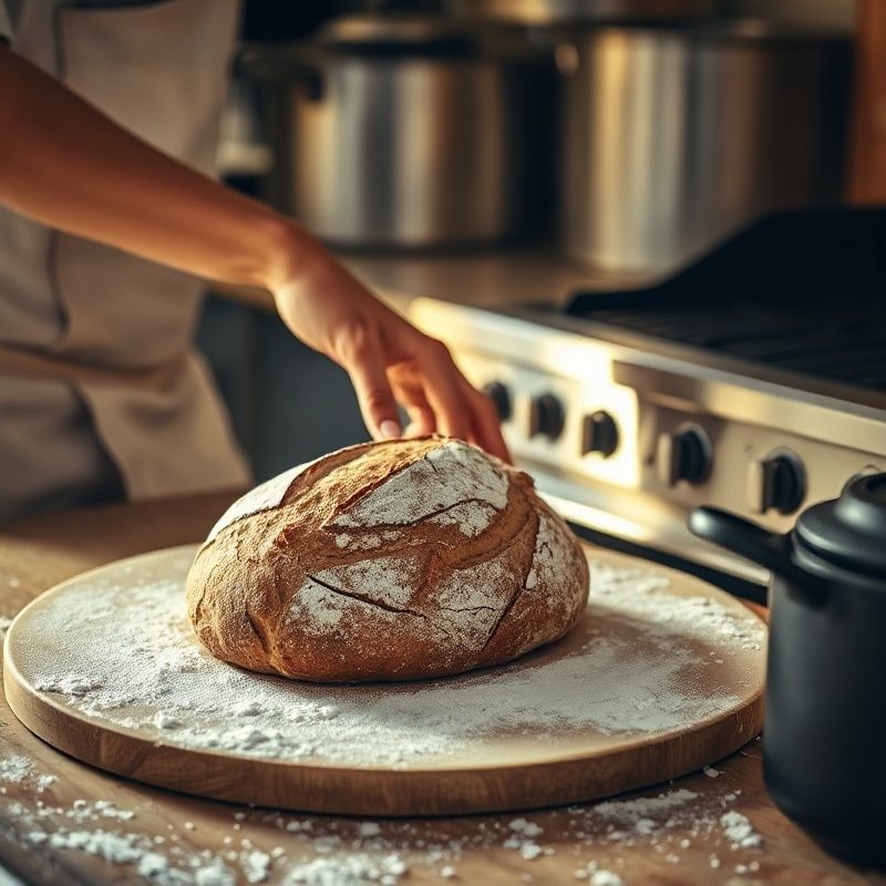 Baker's hands scoring a sourdough loaf on a floured peel