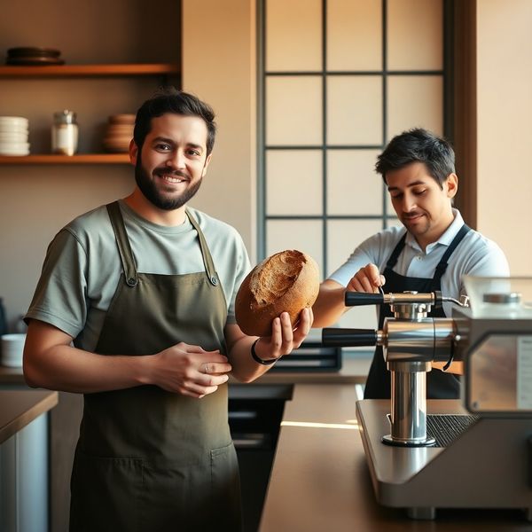 A baker holding a sourdough boule beside a barista at an espresso machine